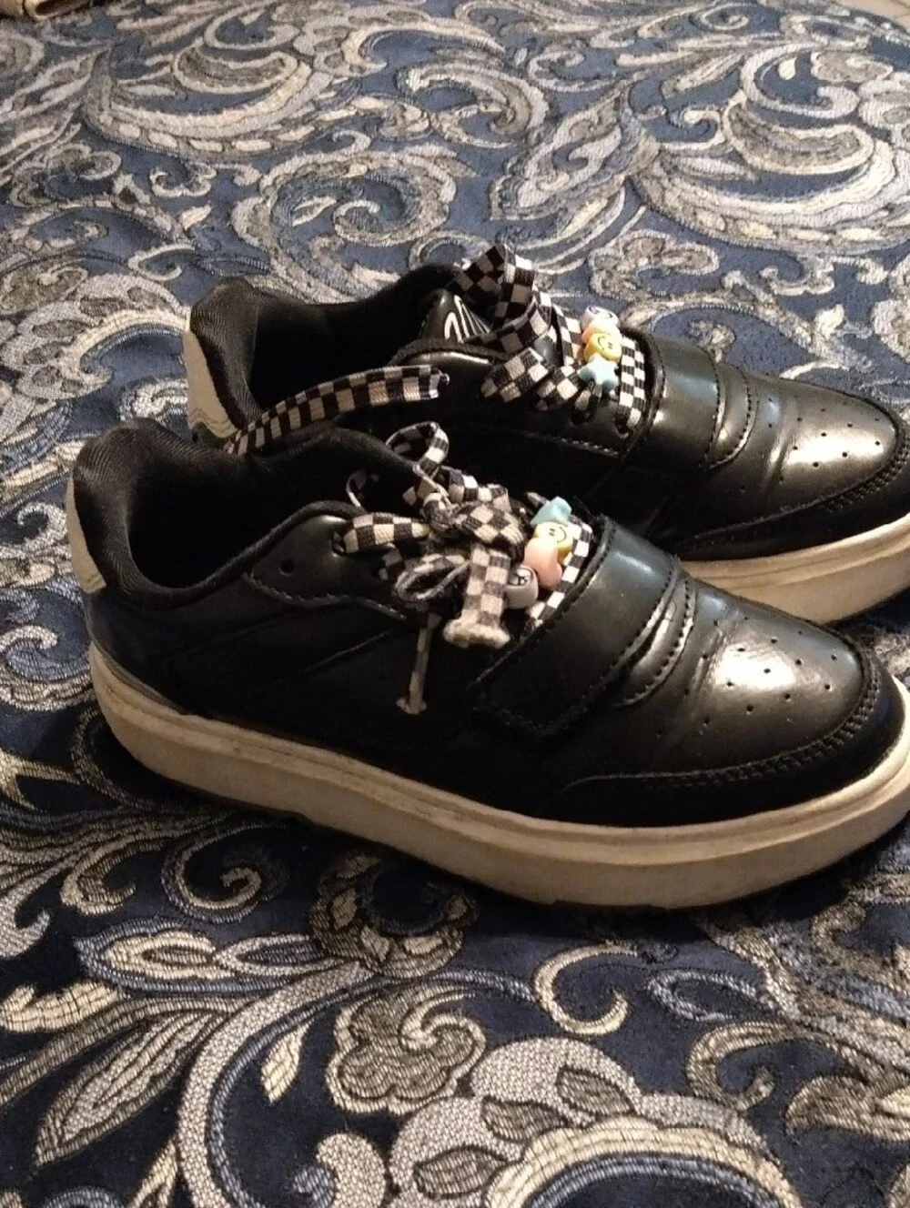 Justice Black Sneakers with Checker Laces and Bead Accents